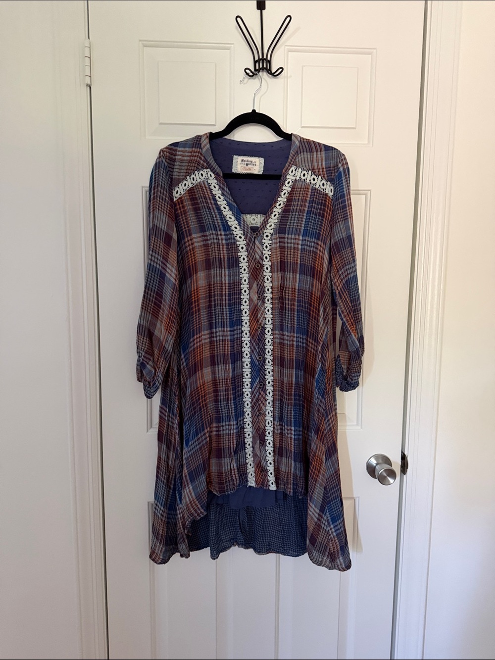 Crochet-Trim Plaid Tunic Top - Blue & Rust